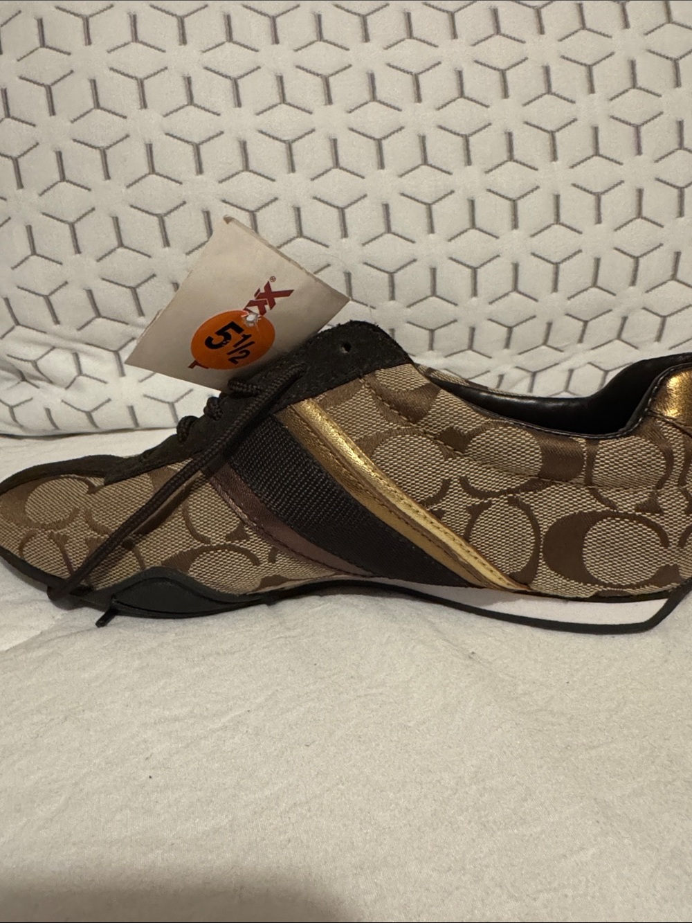 Coach Brown Monogram Sneakers with Gold Accent - Picture 3 of 5